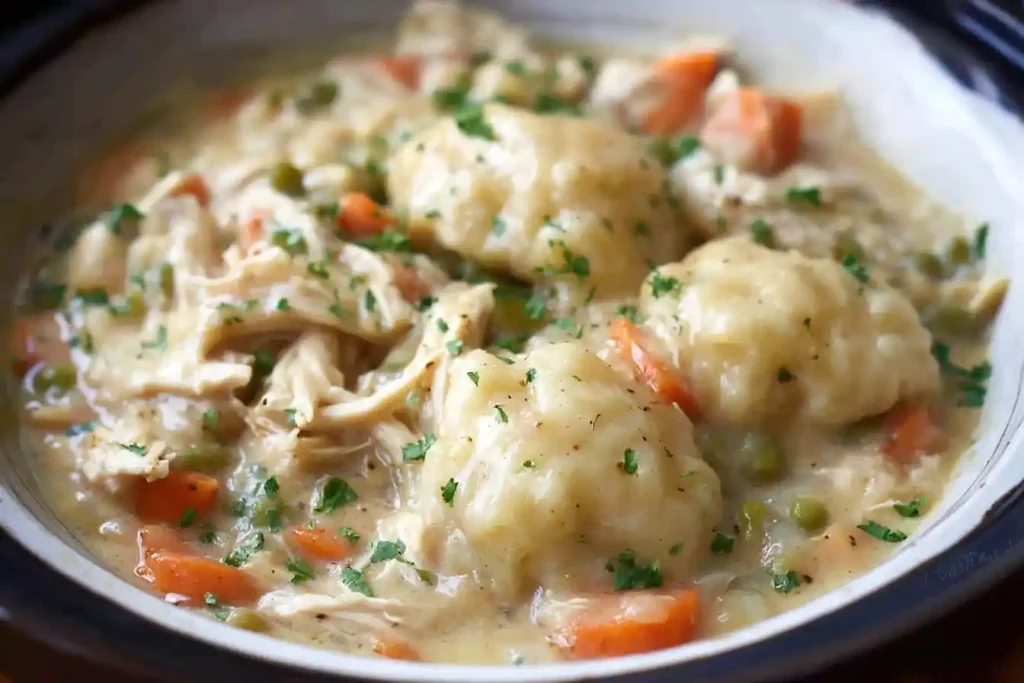 A close-up shot of a hearty bowl of creamy Chicken and Dumplings with carrots, peas, and fresh parsley garnish.