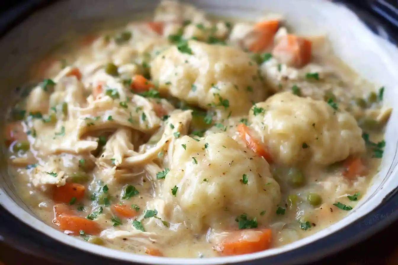 A close-up shot of a hearty bowl of creamy Chicken and Dumplings with carrots, peas, and fresh parsley garnish.
