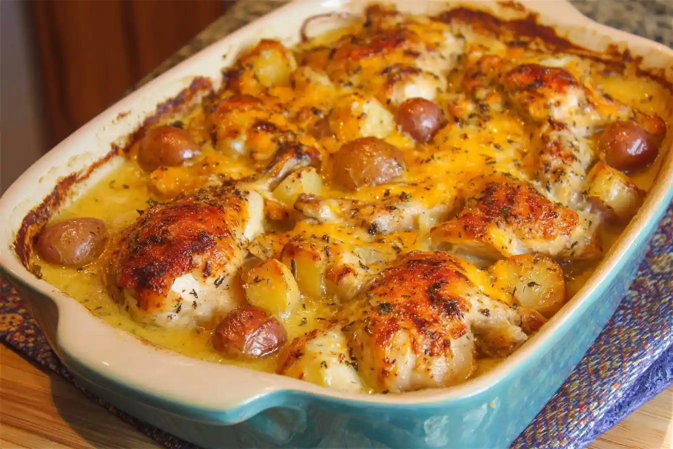 A golden-baked chicken potato casserole with herbs and melted cheese fresh out of the oven in a light blue baking dish.