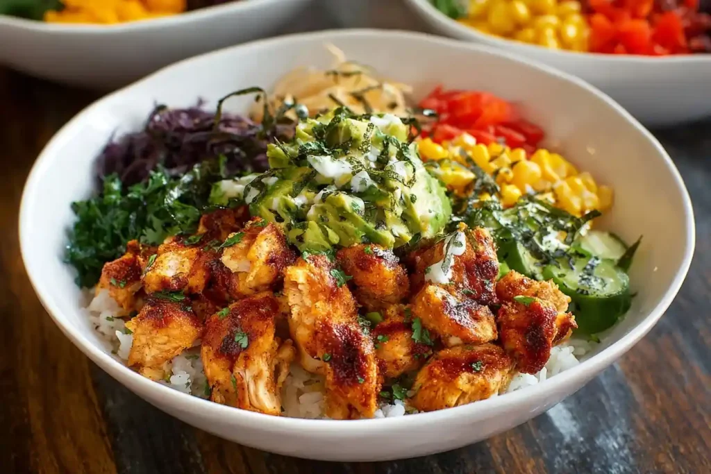 A close-up of a delicious chicken poke bowl with avocado, corn, and fresh vegetables served over rice in a white bowl.