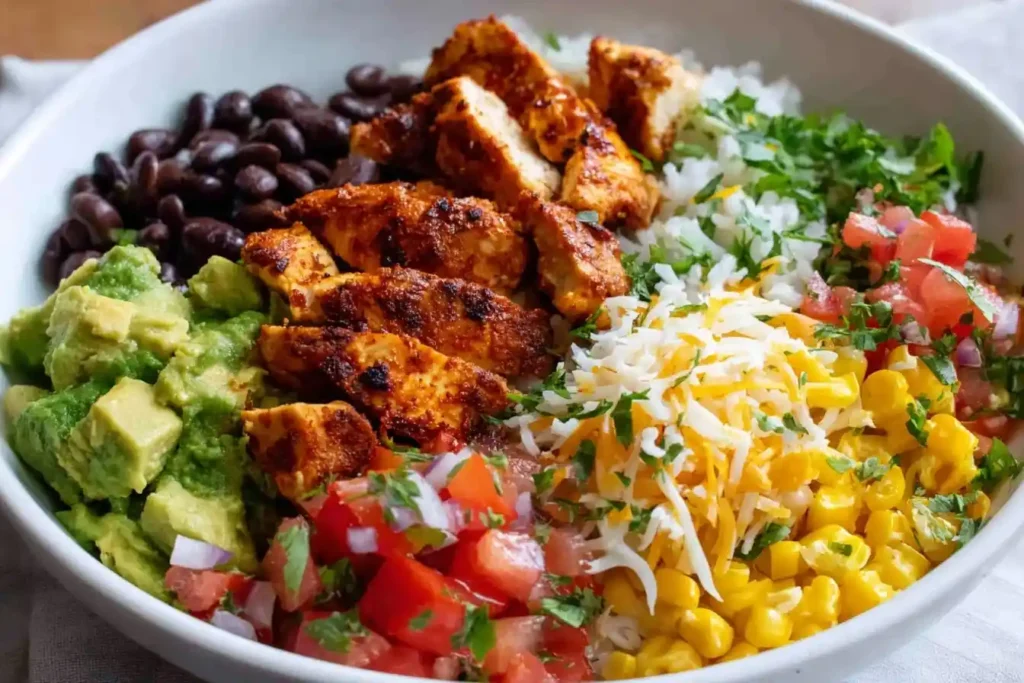 A close-up of a delicious chicken burrito bowl with seasoned chicken, rice, black beans, corn, avocado, and pico de gallo.