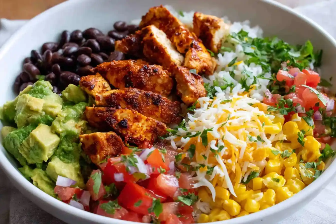 A close-up of a delicious chicken burrito bowl with seasoned chicken, rice, black beans, corn, avocado, and pico de gallo.