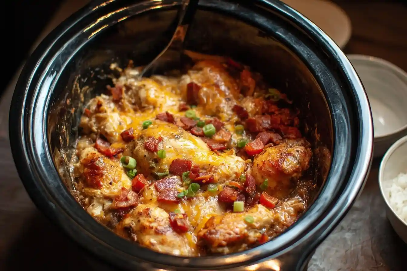 A close-up of a black slow cooker filled with creamy Crack Chicken, topped with melted cheese, bacon, and green onions.