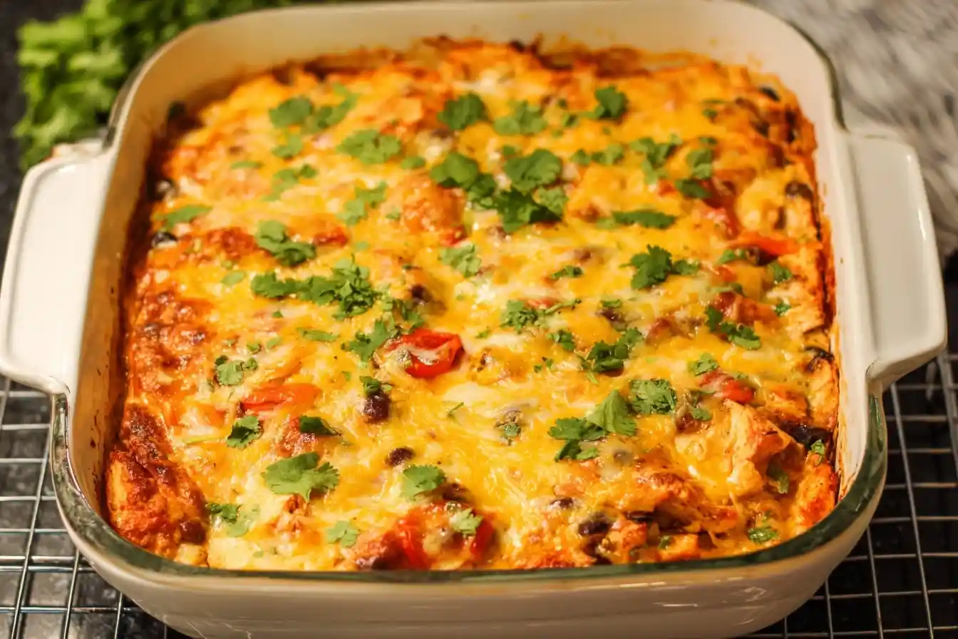 A freshly baked Chicken Enchilada Casserole in a white baking dish, topped with melted cheese and fresh cilantro.