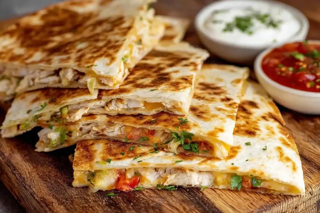 A stack of cheesy chicken quesadilla wedges on a wooden board, served with bowls of salsa and sour cream for dipping.