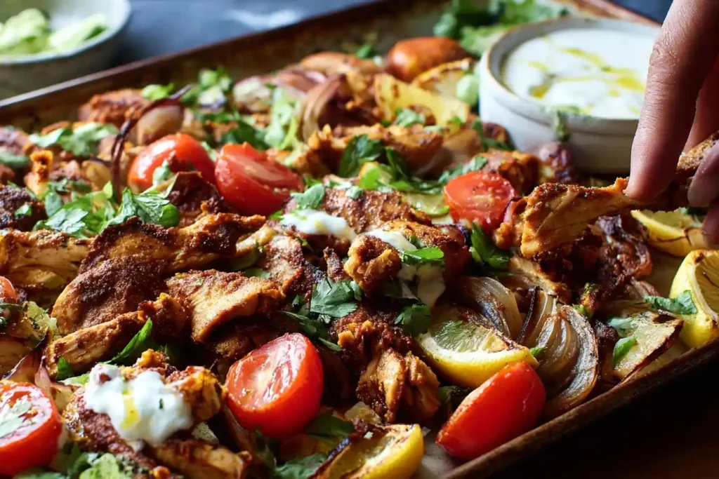 A hand picking up a piece of chicken from a delicious Sheet Pan Chicken Shawarma with tomatoes, onions, and a creamy dipping sauce.