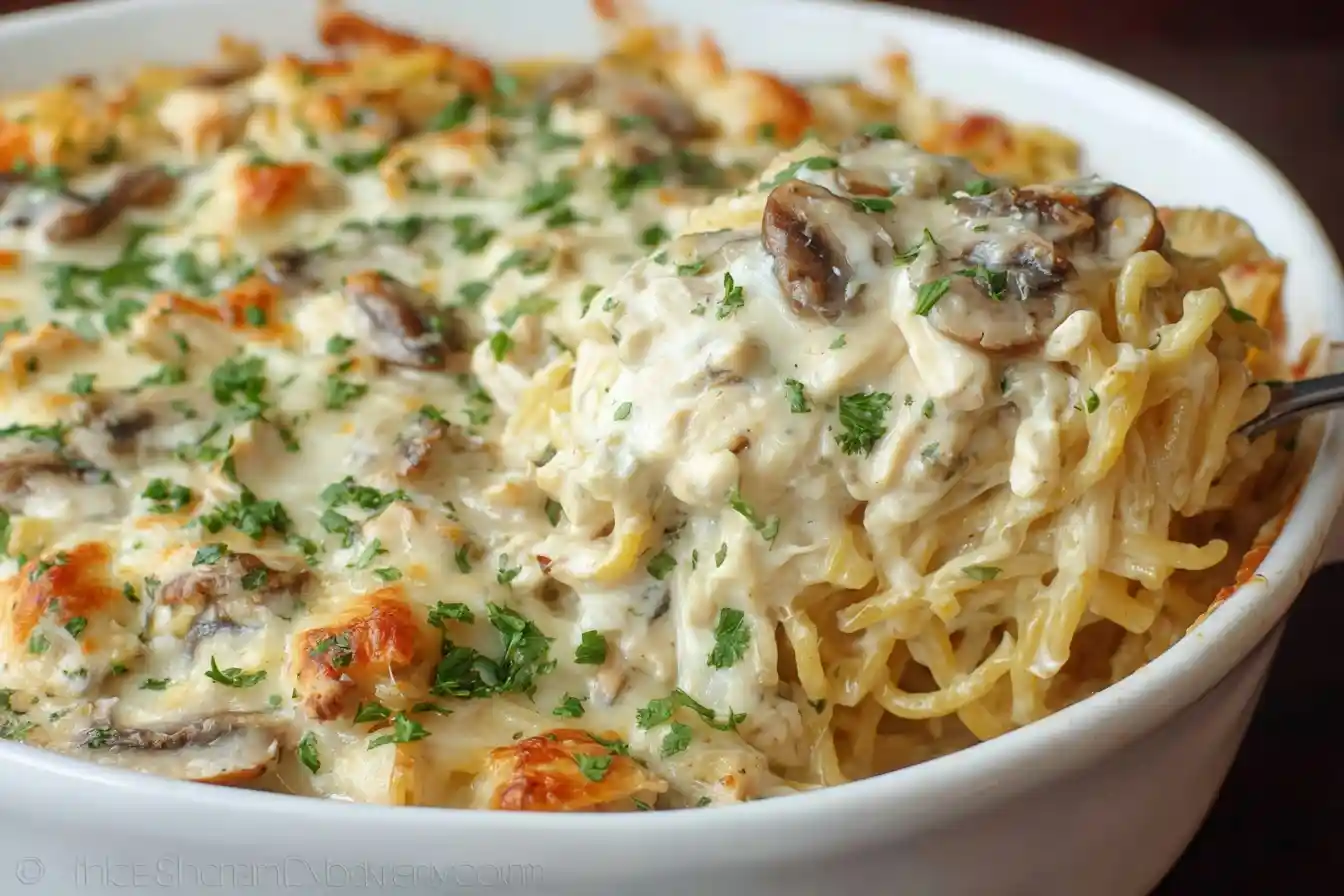 A spoonful of creamy Chicken Tetrazzini with pasta, mushrooms, and a cheesy topping being lifted from a white casserole dish.