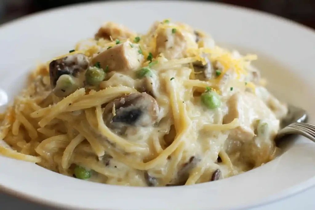 A close-up shot of a white bowl filled with creamy Chicken Tetrazzini, featuring spaghetti, mushrooms, peas, and cheese.