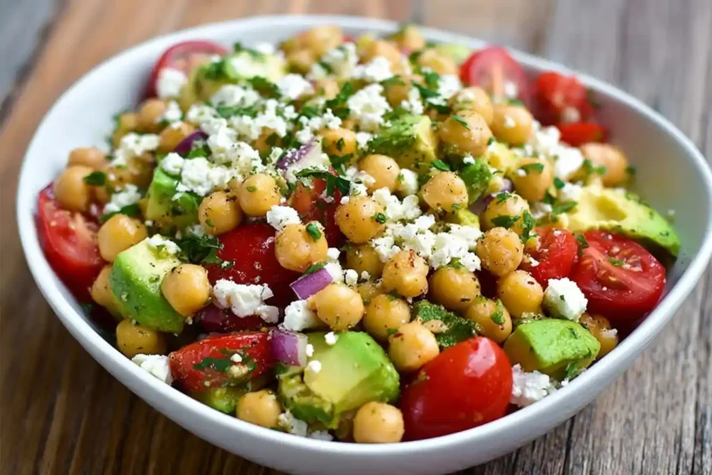 A close-up shot of a healthy {{ $('Fetch Recipe Data').first().json["Main Keyword"] }} in a white bowl with tomatoes, avocado, and feta cheese.