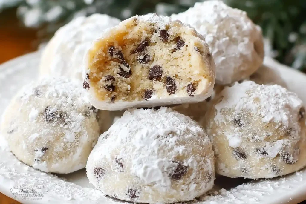 A plate of Chocolate Chip Snowball Cookies, with one broken in half to show the tender, chocolate-filled interior.
