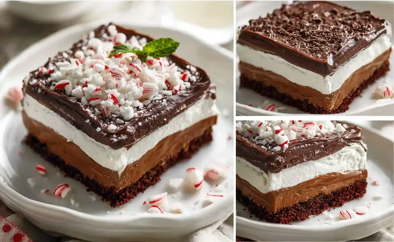 A collage of a four-layer Chocolate Lasagna dessert on a white plate, topped with crushed peppermint candies and chocolate shavings.