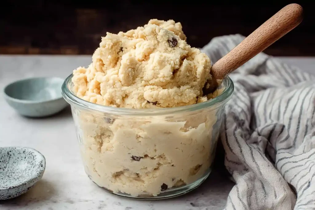 A clear glass bowl filled with homemade Edible Cookie Dough with chocolate chips, with a wooden spoon ready for a scoop.