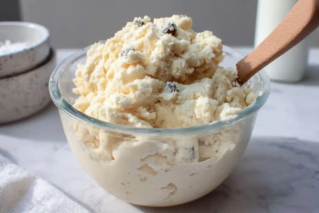 A glass bowl filled with creamy, homemade rum and raisin ice cream, with a wooden spoon sticking out, ready to be served.