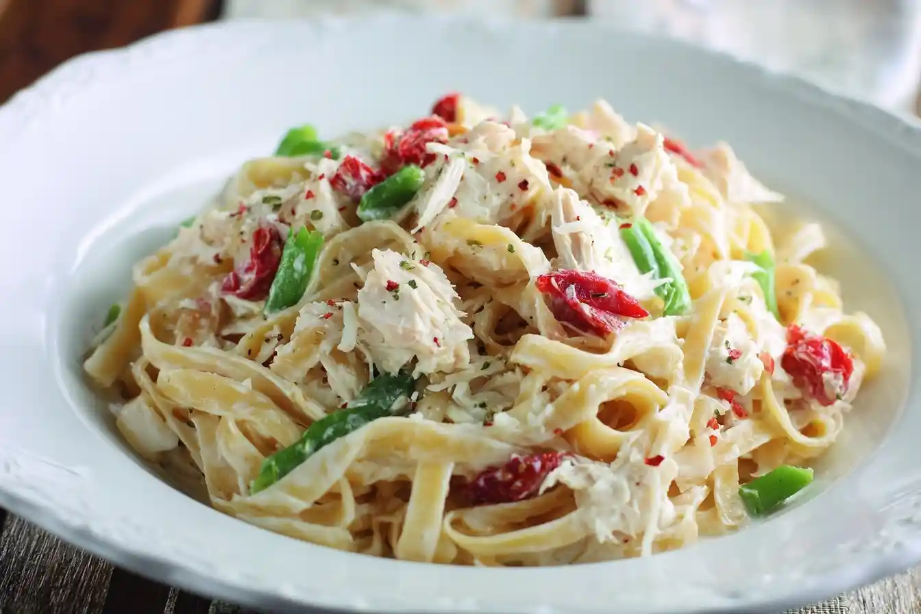A close-up shot of a white bowl filled with creamy chicken pasta, featuring sun-dried tomatoes and green beans.