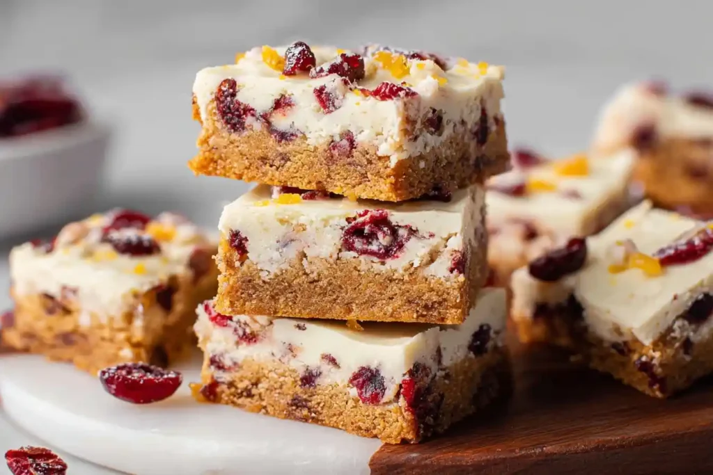A stack of three homemade cranberry bliss bars with a cream cheese frosting, dried cranberries, and orange zest.