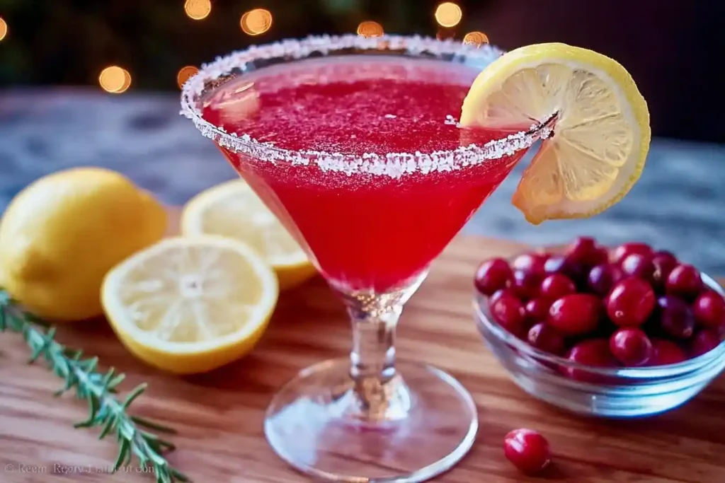 A festive red Cranberry Lemon Drop Martini in a sugar-rimmed glass, garnished with a fresh lemon slice and surrounded by cranberries.