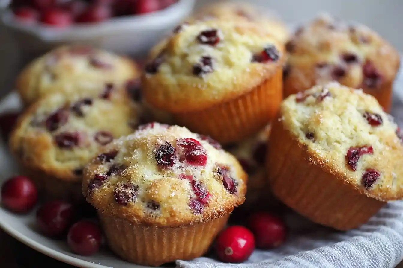 A close-up of a plate of freshly baked cranberry muffins, topped with sparkling sugar and garnished with fresh cranberries.