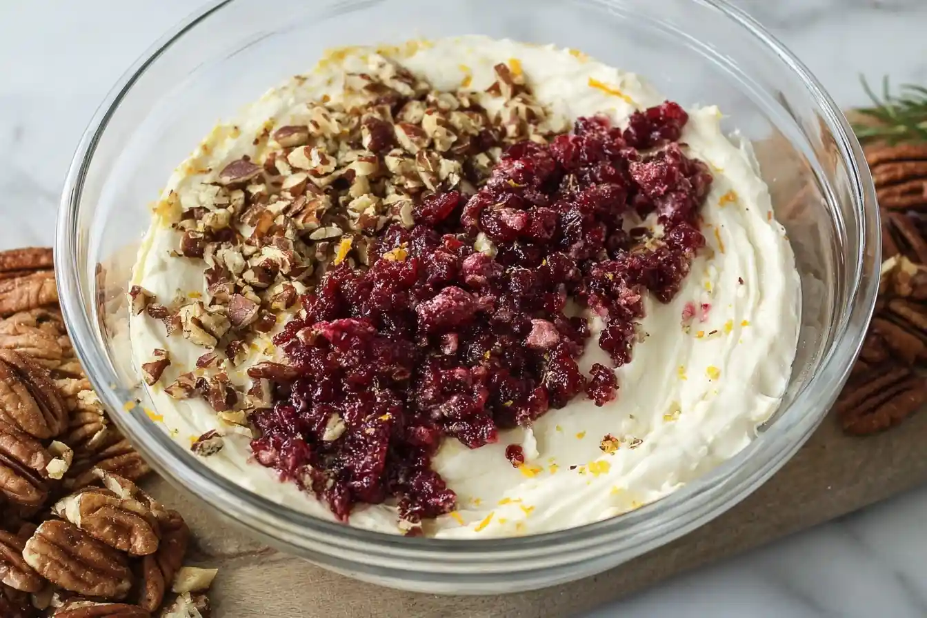 A glass bowl with a cream cheese base topped with chopped cranberries and pecans to make a festive Cranberry Pecan Dip.