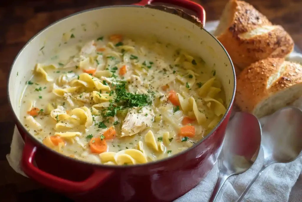 A red pot of hearty Creamy Chicken Noodle Soup with egg noodles, chicken, and carrots, next to crusty bread.