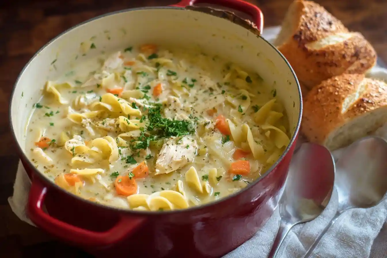 A red pot of hearty Creamy Chicken Noodle Soup with egg noodles, chicken, and carrots, next to crusty bread.