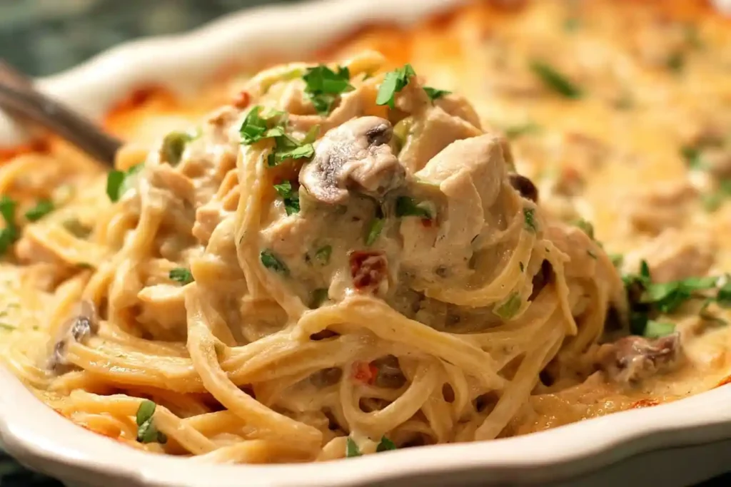 A close-up shot of a creamy serving of Chicken Tetrazzini with mushrooms and parsley being lifted from a baking dish.