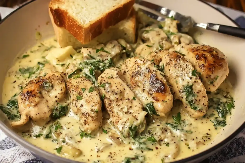 A skillet of creamy Tuscan chicken with spinach and herbs, seasoned with black pepper and served with crusty bread.