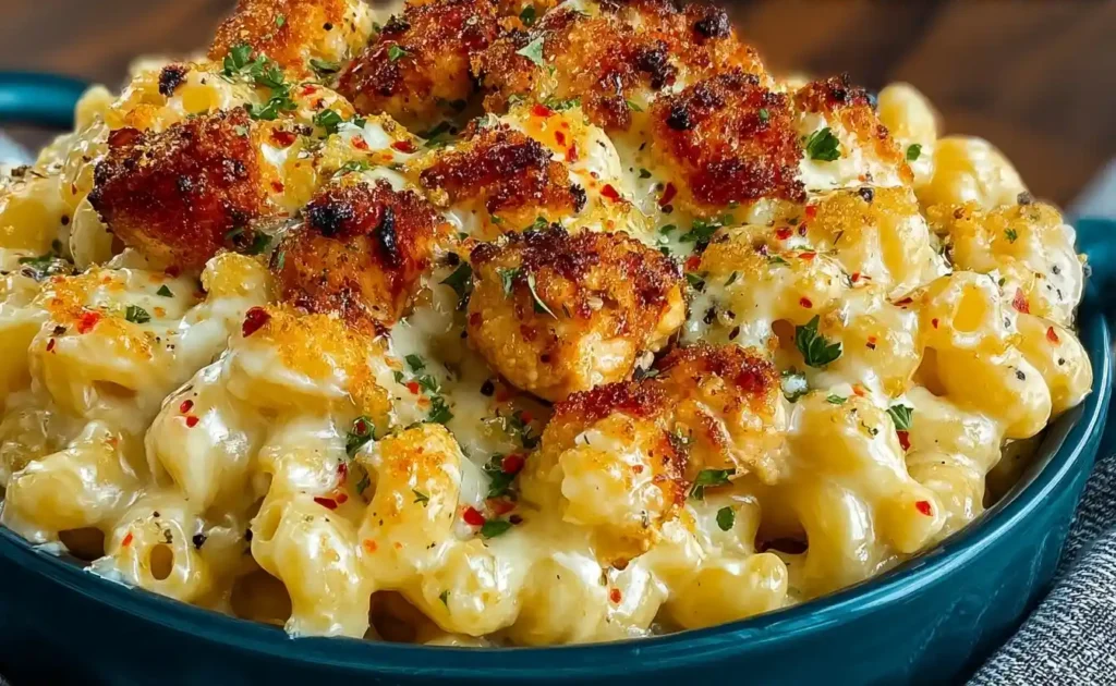 A close-up shot of a bowl of creamy honey mac and cheese, topped with crispy breaded chicken pieces and fresh parsley.