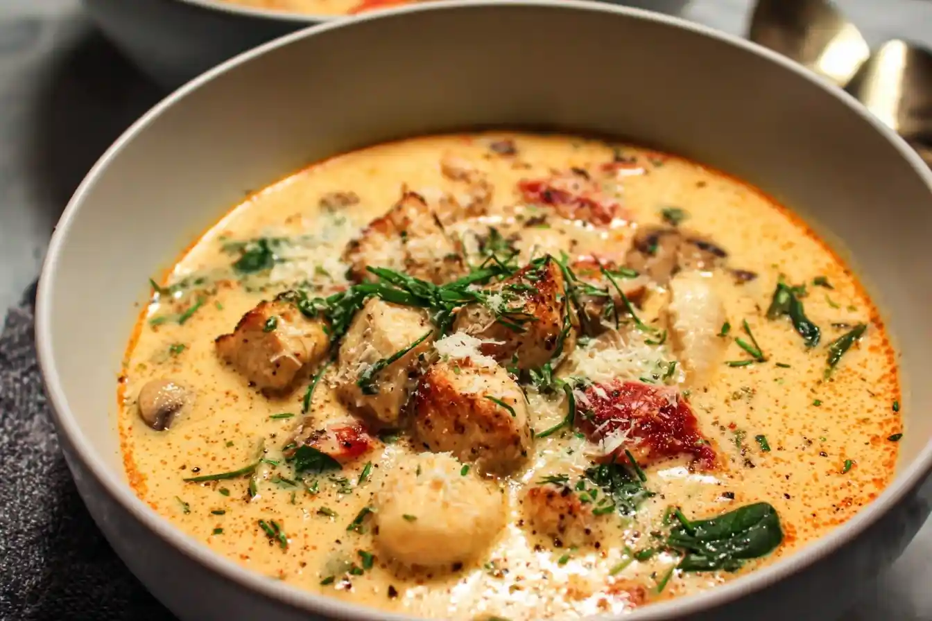A close-up of a rustic bowl filled with creamy chicken gnocchi soup, garnished with parmesan cheese and fresh herbs.