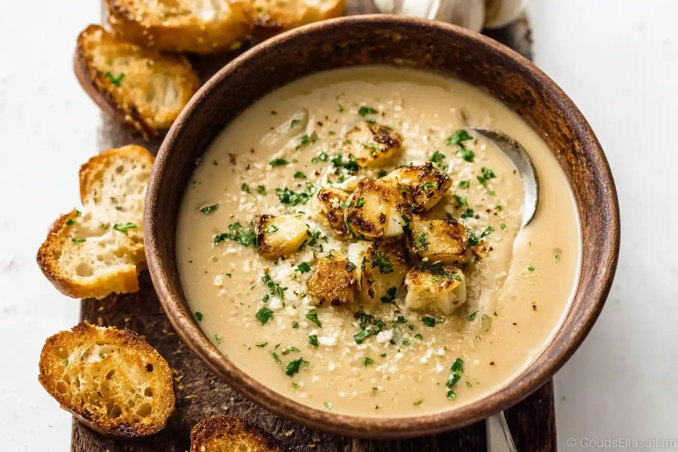 A rustic wooden bowl of creamy Roasted Garlic Soup, topped with roasted cloves, parsley, and served with toasted bread.