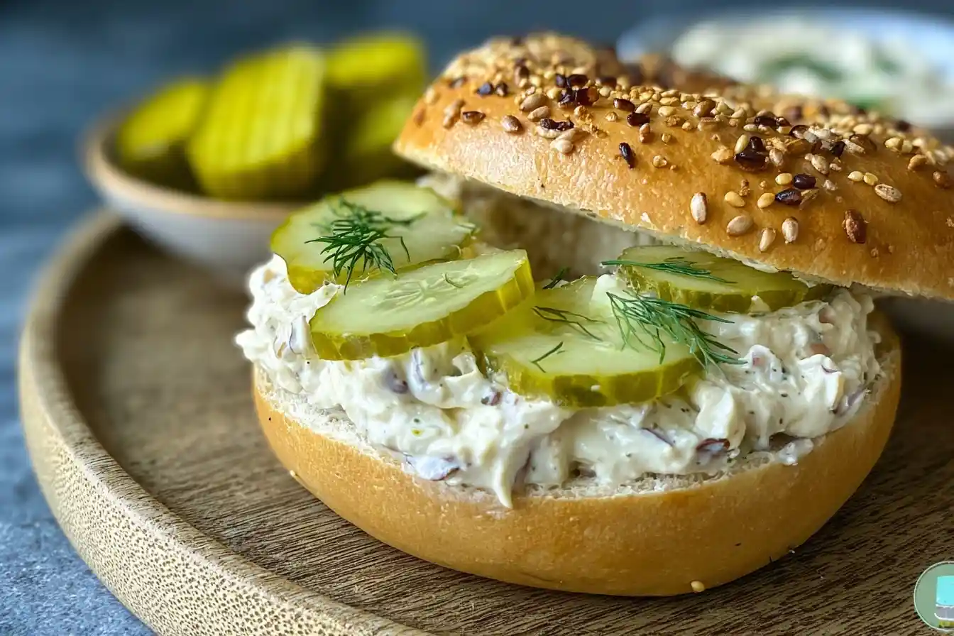 An everything bagel sandwich generously filled with creamy Dill Pickle Dip and topped with fresh pickle slices and dill.