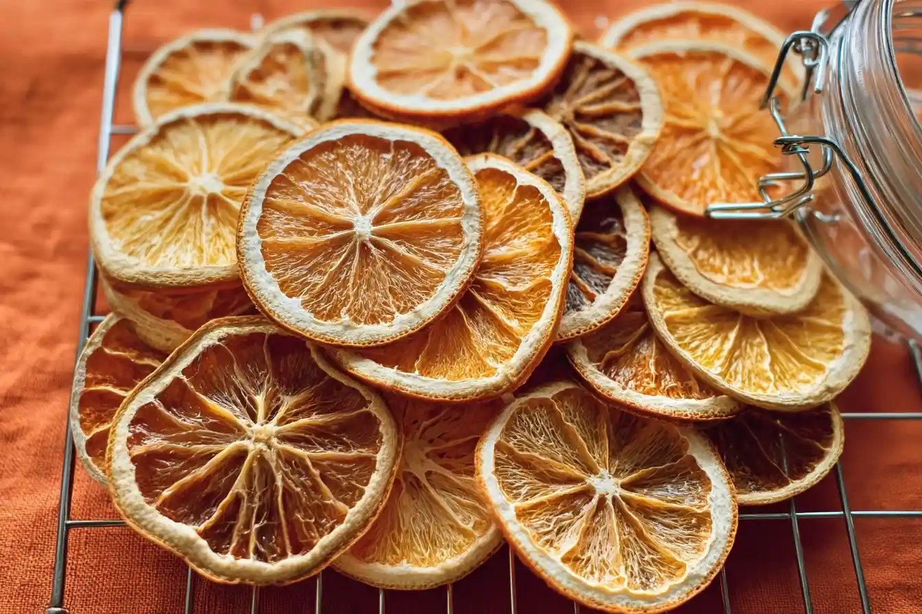 A pile of vibrant, homemade dried orange slices resting on a metal cooling rack with a glass jar nearby on an orange background.