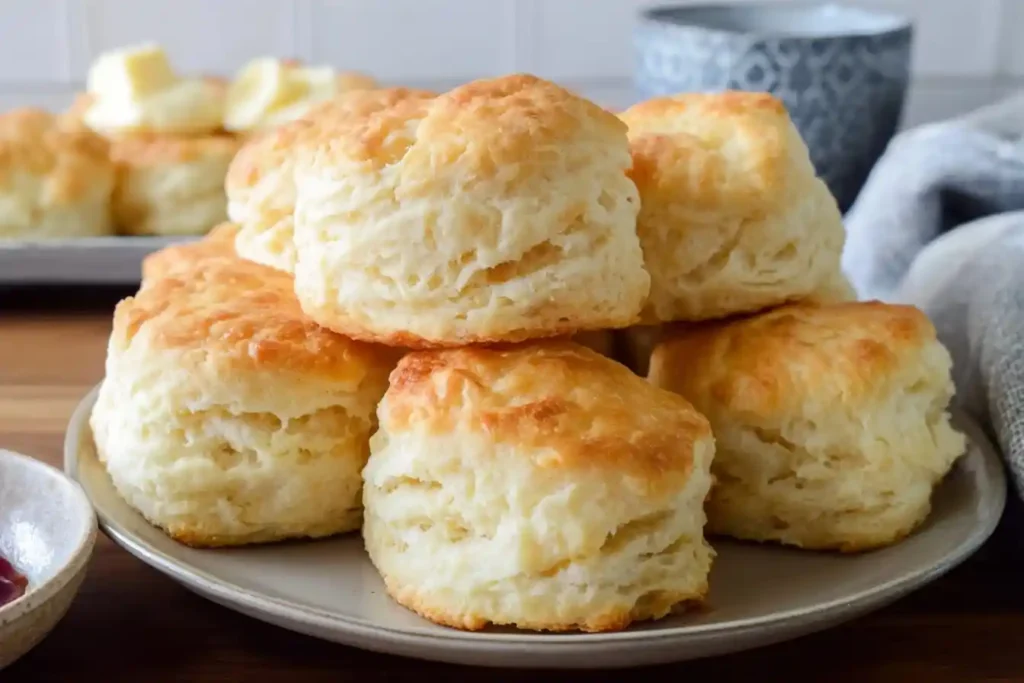 A stack of tall, flaky buttermilk biscuits with golden-brown tops sits on a plate, ready to be served.