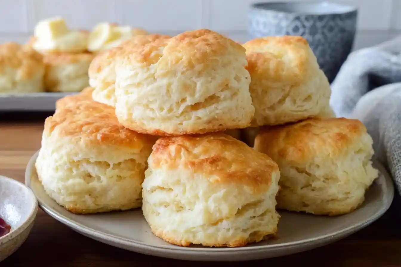 A stack of tall, flaky buttermilk biscuits with golden-brown tops sits on a plate, ready to be served.