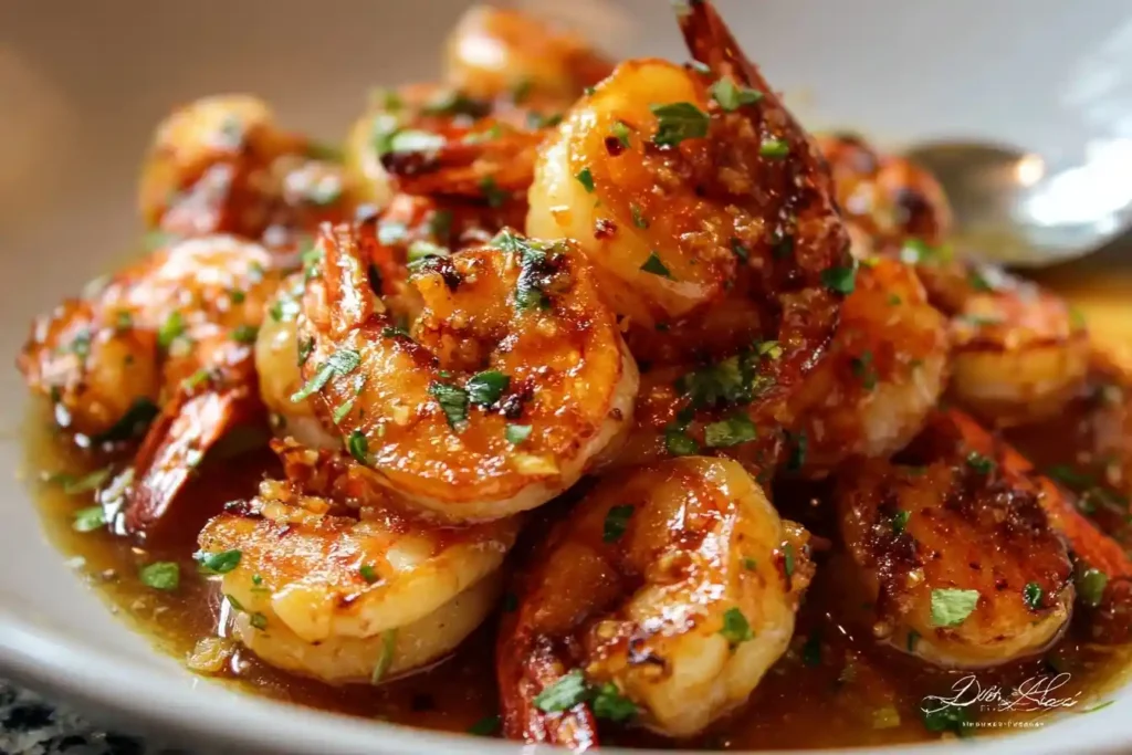 A close-up of a white plate piled with delicious Garlic Butter Shrimp, glistening in a savory sauce and garnished with fresh parsley.