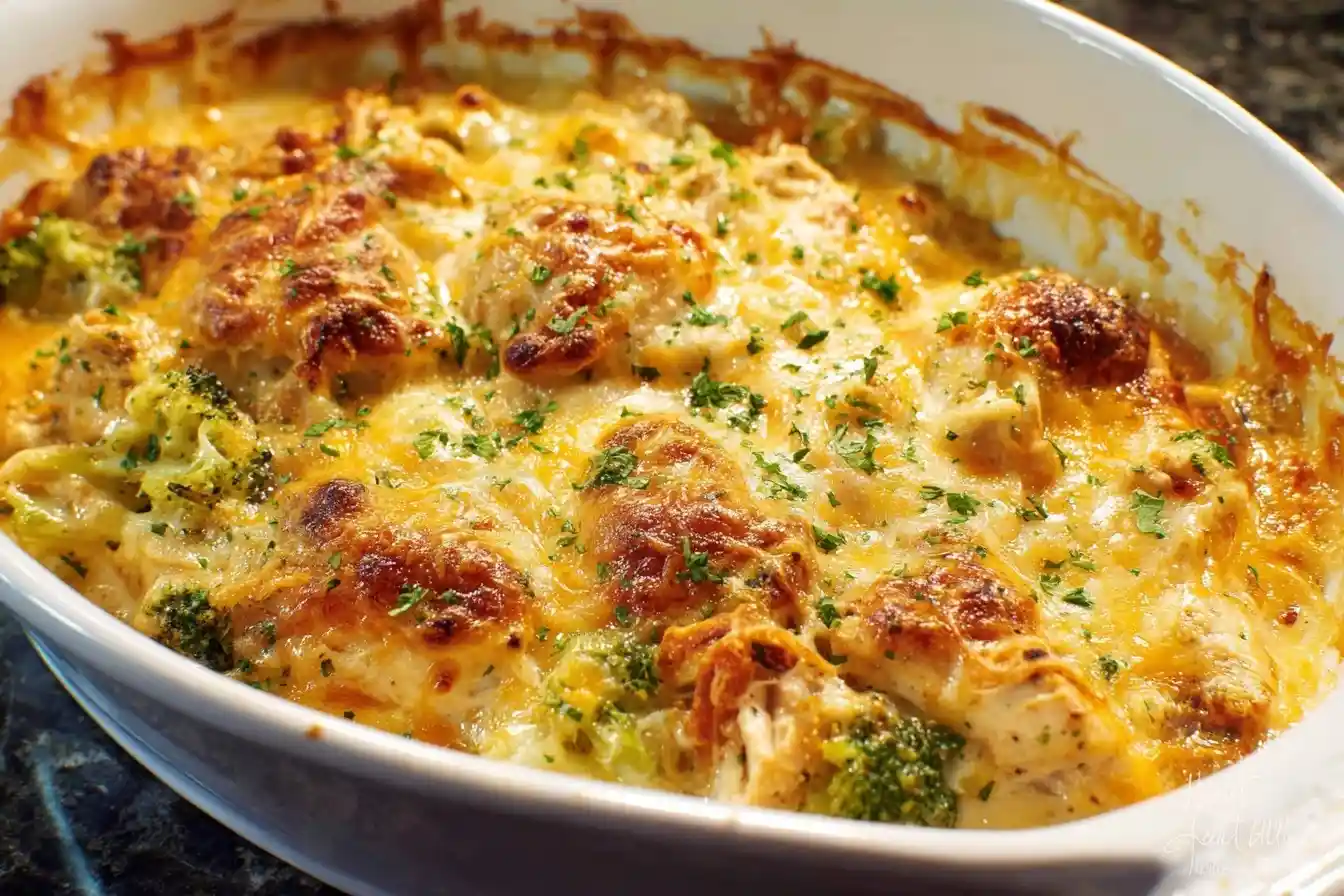 A close-up of a cheesy Chicken Broccoli Casserole in a white baking dish, baked to a bubbly, golden-brown perfection.