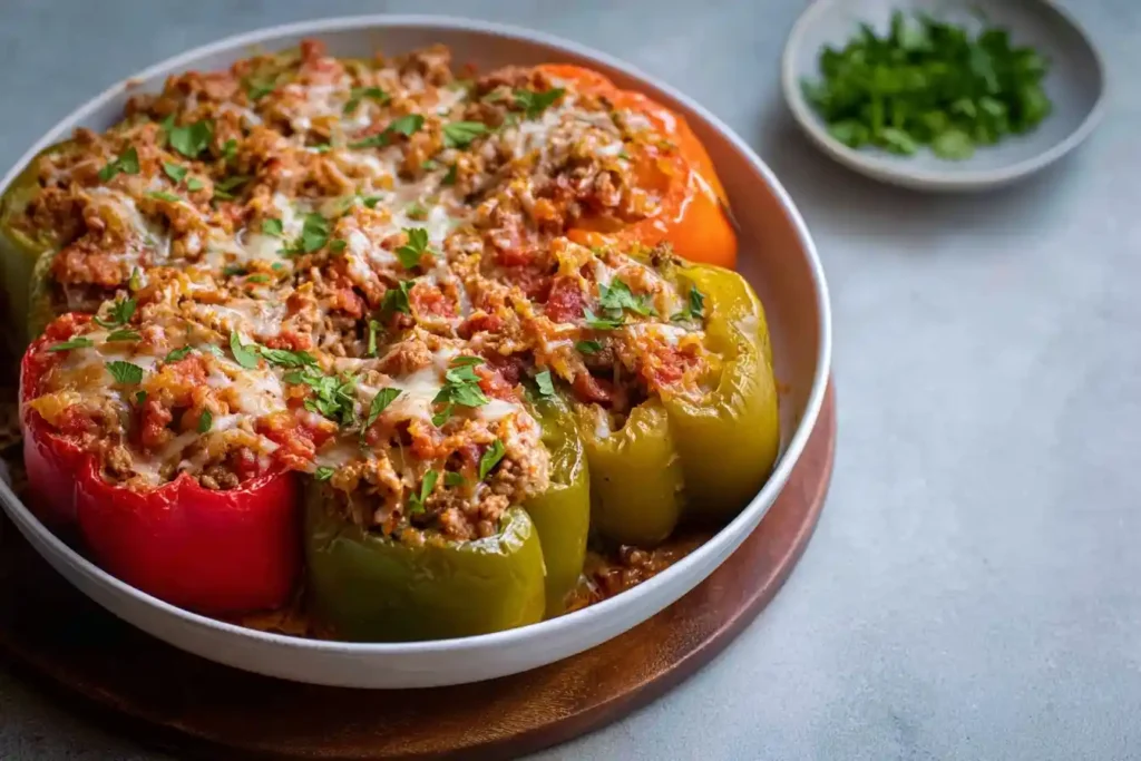 A white bowl filled with colorful Stuffed Peppers topped with melted cheese and fresh parsley.