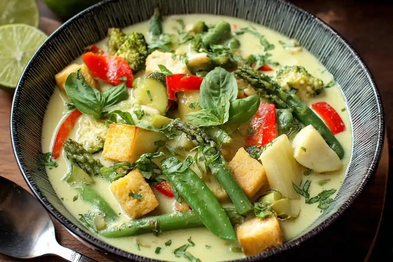 A close-up shot of a vibrant bowl of Thai Green Curry with tofu, asparagus, broccoli, and red bell peppers.