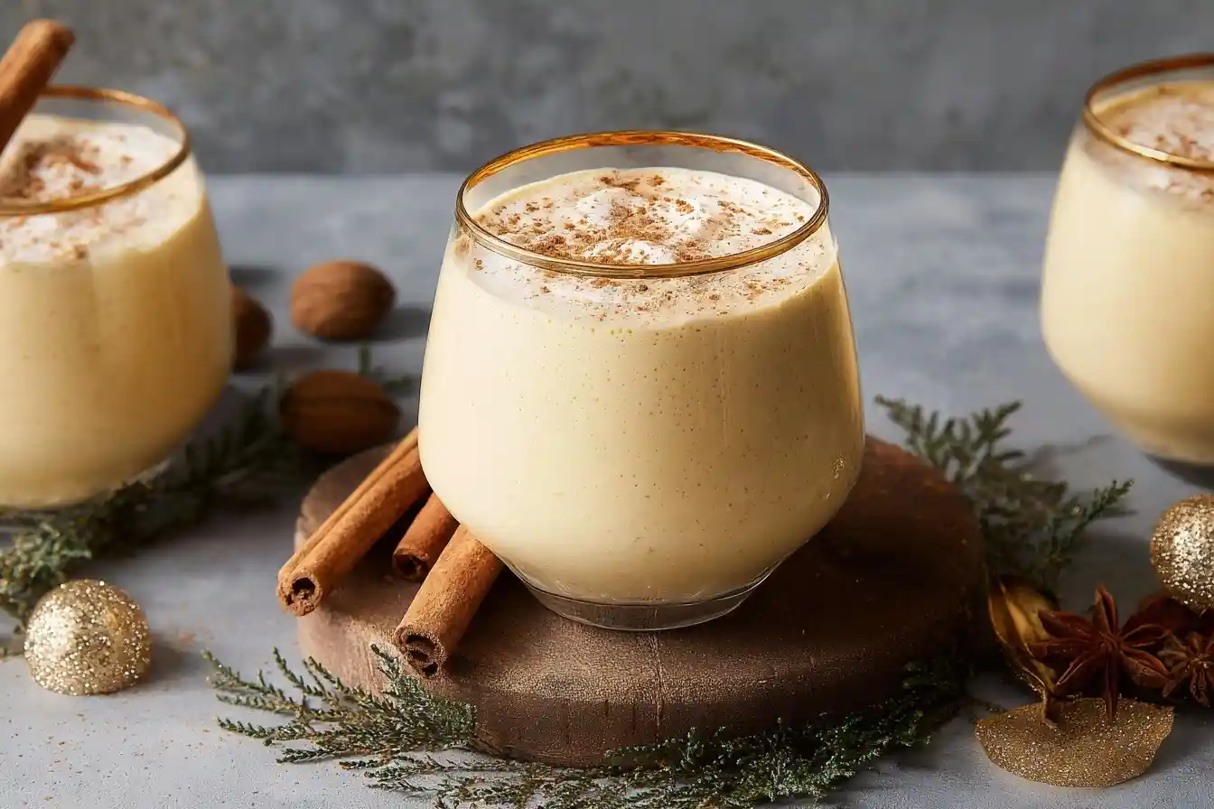 A festive glass of creamy eggnog with a gold rim, topped with nutmeg and surrounded by cinnamon sticks and holiday decor.