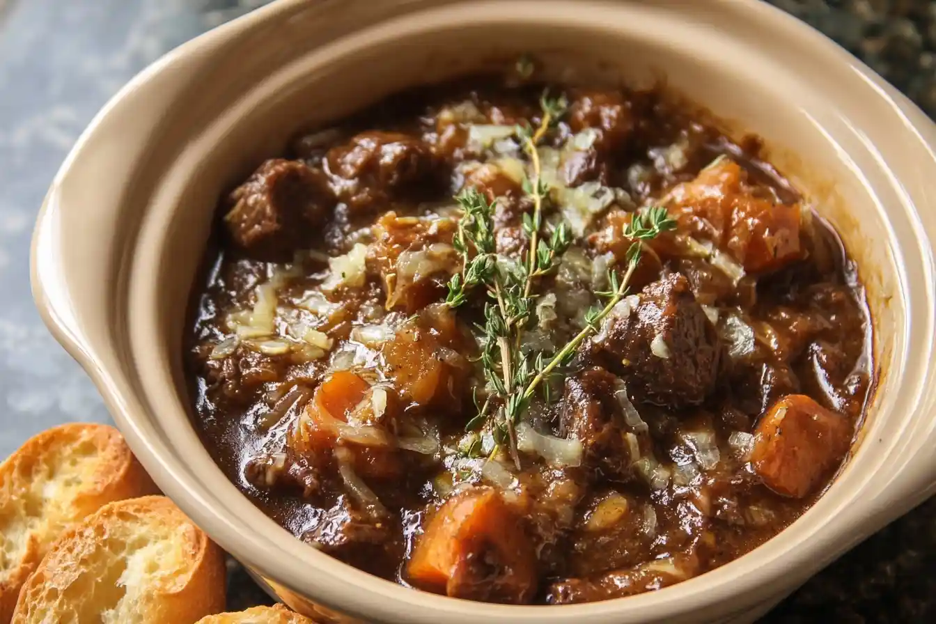 A hearty bowl of homemade stew from a classic beef stew recipe, garnished with fresh thyme and served in a ceramic dish.