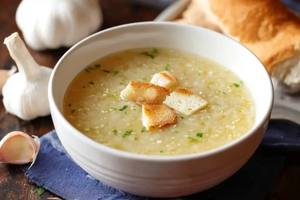 A close-up shot of a white bowl filled with creamy Garlic Soup, topped with toasted croutons and fresh herbs, with garlic bulbs nearby.