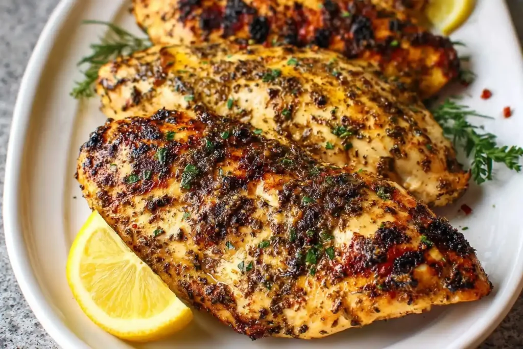 A close-up of juicy Grilled Lemon Herb Chicken breasts on a white platter, garnished with fresh herbs and a lemon wedge.