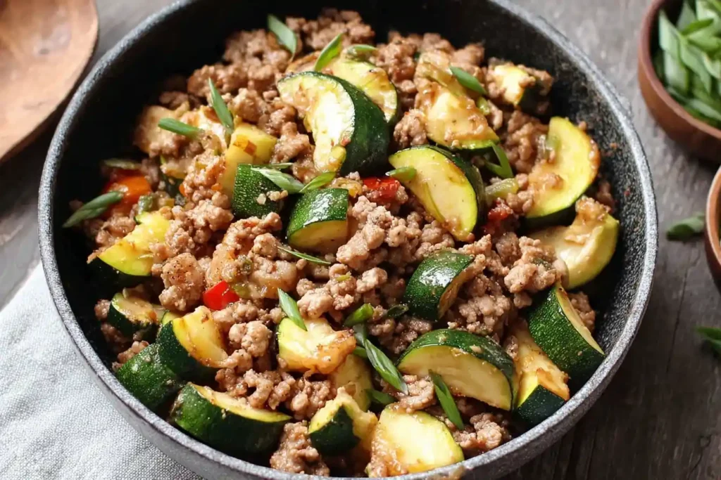 A close-up of a savory Ground Pork and Zucchini stir-fry served in a dark skillet and garnished with fresh green onions.