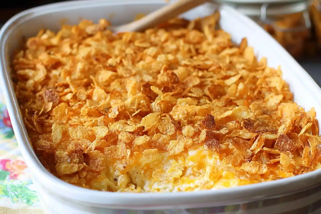 A close-up of a white baking dish filled with cheesy funeral potatoes, topped with a golden, crunchy cornflake crust.