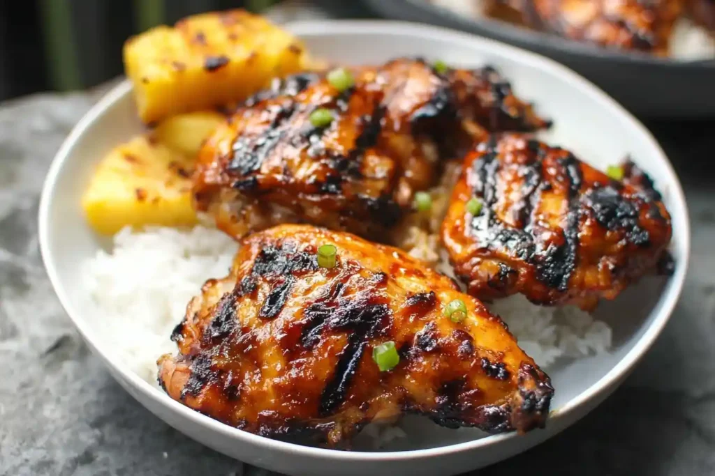 A close-up of a white bowl filled with Hawaiian BBQ chicken thighs, grilled pineapple, and green onions served over white rice.