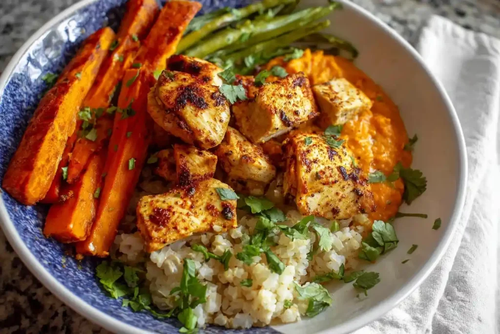 A colorful Sheet Pan Chicken and Veggies bowl with roasted sweet potatoes, green beans, and seasoned chicken over cauliflower rice.