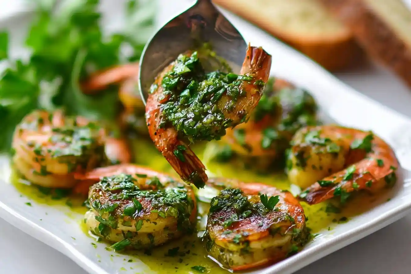 A spoon lifting a piece of Garlic Butter Shrimp coated in a vibrant green herb sauce from a white platter.
