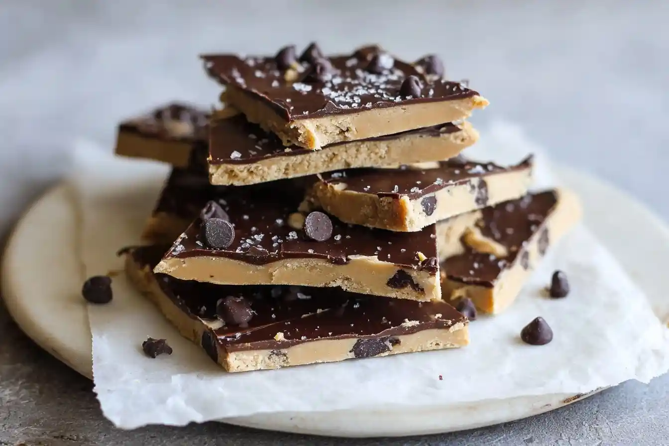 A stack of homemade Cookie Dough Bark pieces on a plate, topped with melted chocolate, chocolate chips, and sea salt.