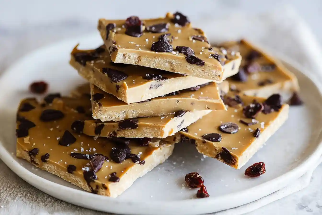 A stack of peanut butter bark with dark chocolate chunks, dried cranberries, and sea salt on a white plate.