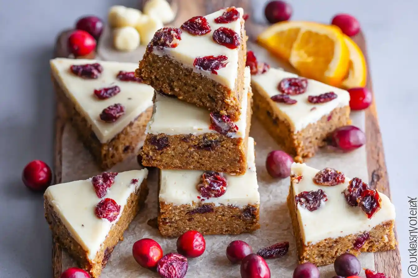 Slices of homemade Cranberry Bliss Bars with white cream cheese frosting, stacked on a wooden board with fresh cranberries.
