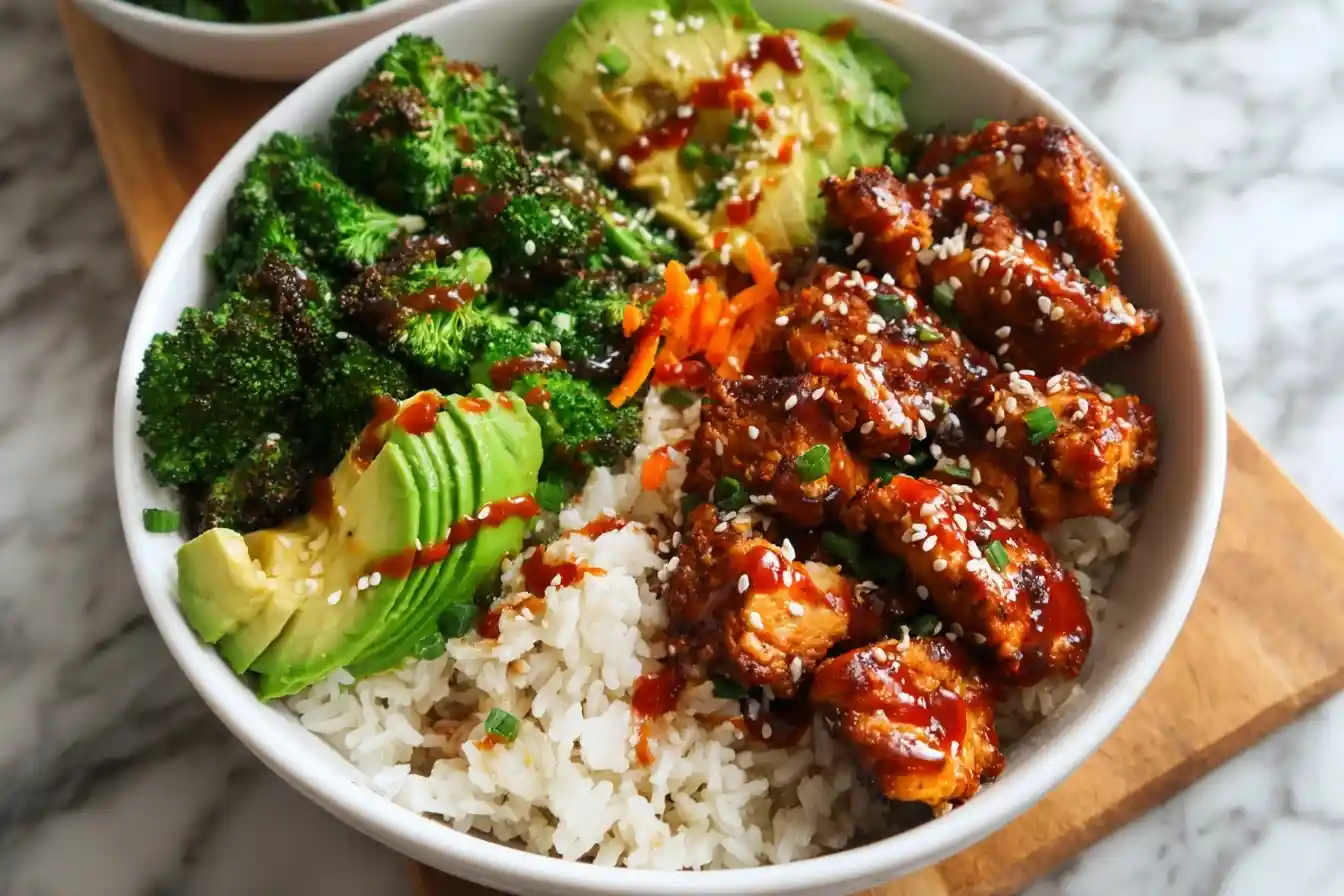 A delicious Korean chicken bowl with white rice, roasted broccoli, sliced avocado, sesame seeds, and a spicy red sauce.